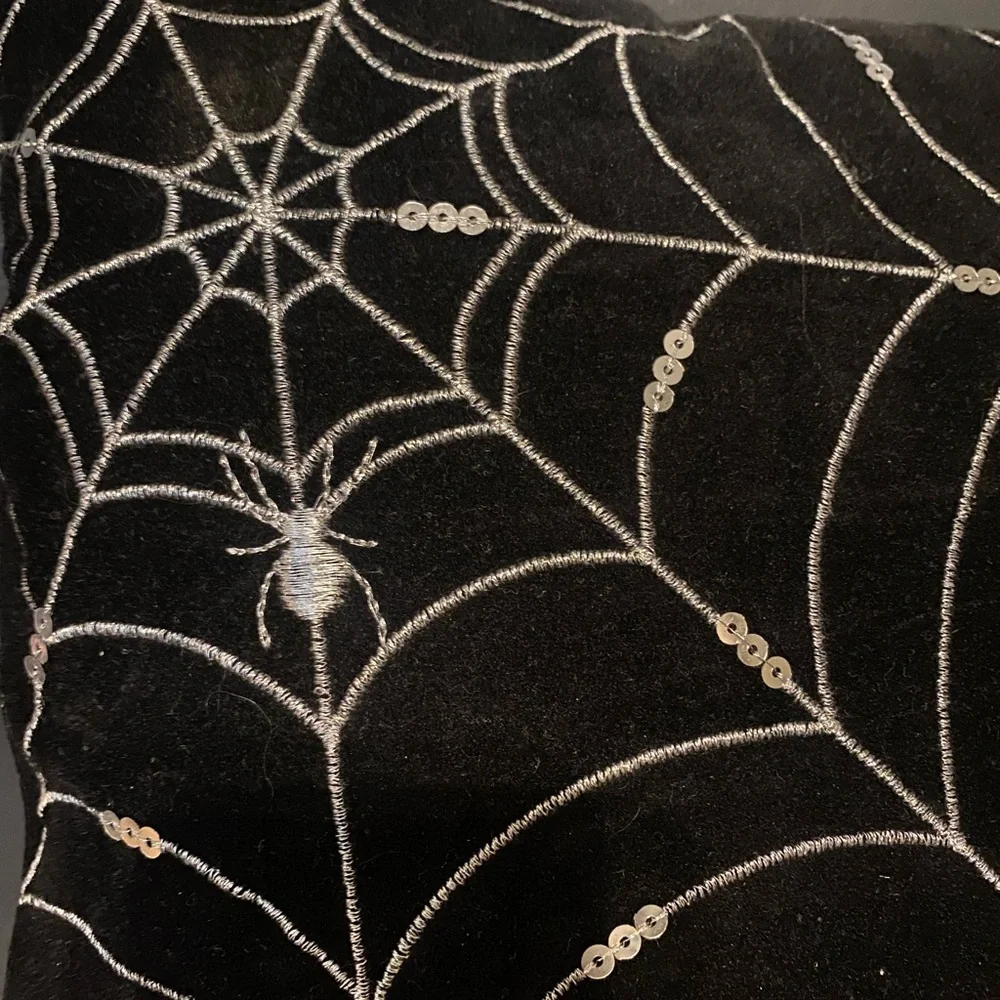 K&K Interiors Black Pillow with Silver Spider Web Design